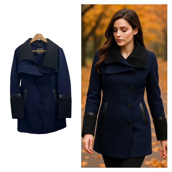 MACKAGE pea coat jacket navy blue black wool blend medium knit collar designer - Picture 1 of 13